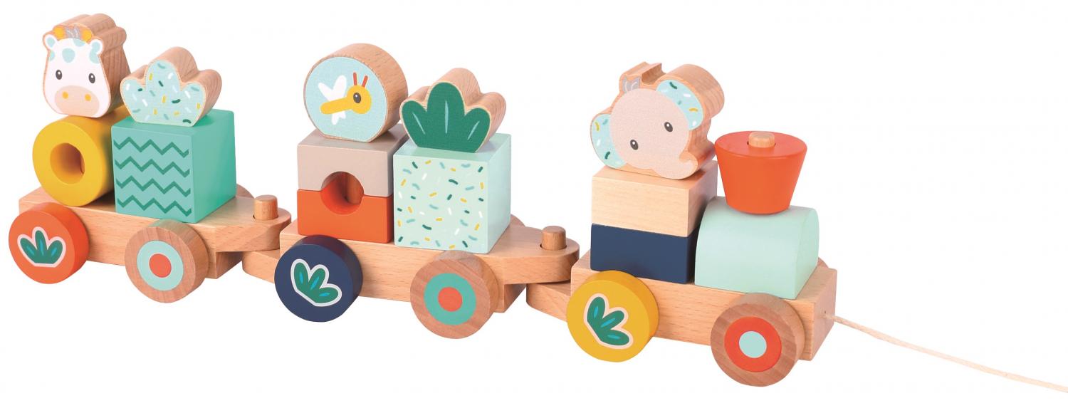 Pulling toy, build Train elefant and Giraffe, in wood FSC, 36 x 6,7 x 12 cm